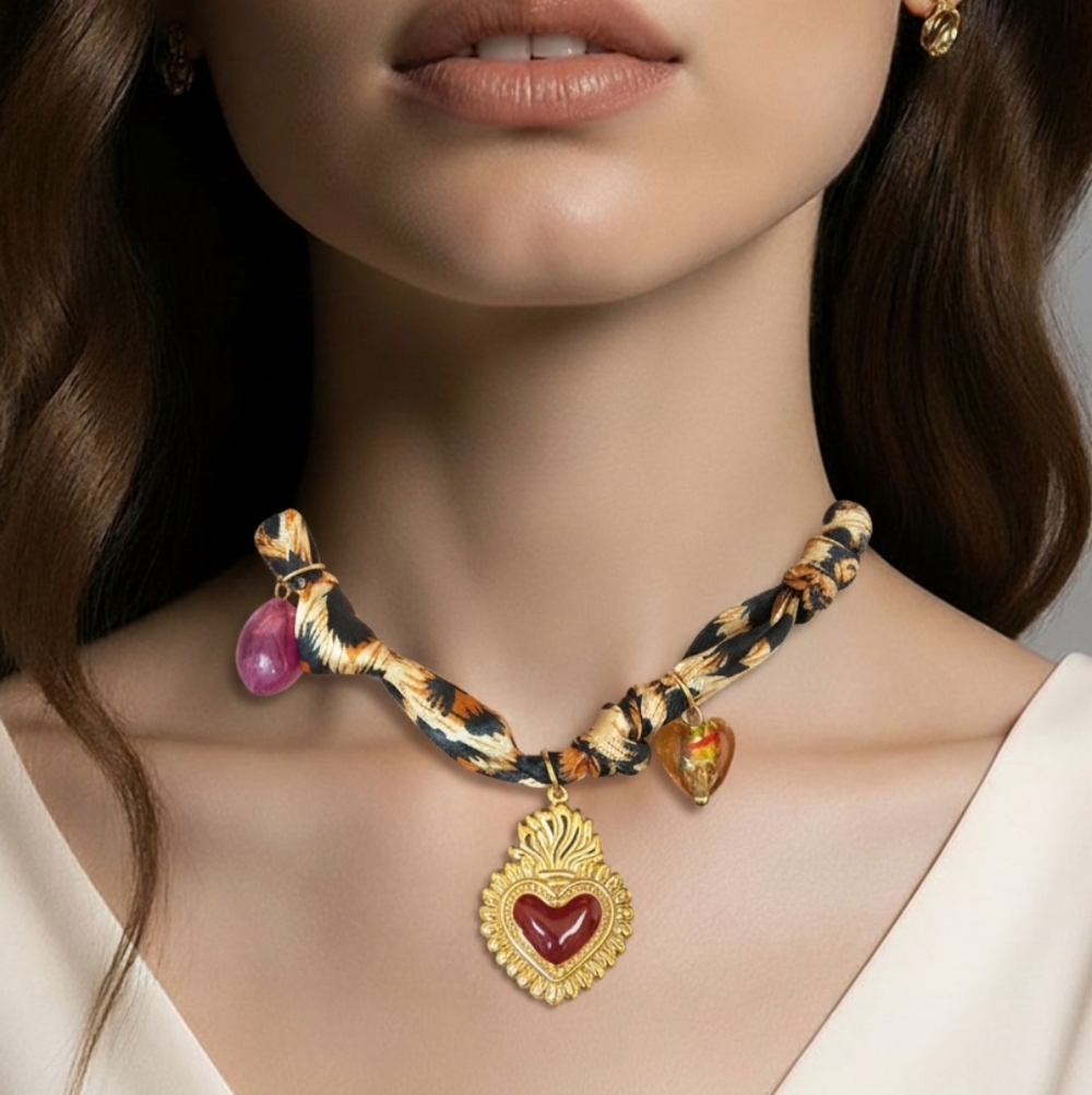 Boho Chic Heart & Charm Scarf Necklace – 18K Gold Plated Stainless Steel with Na